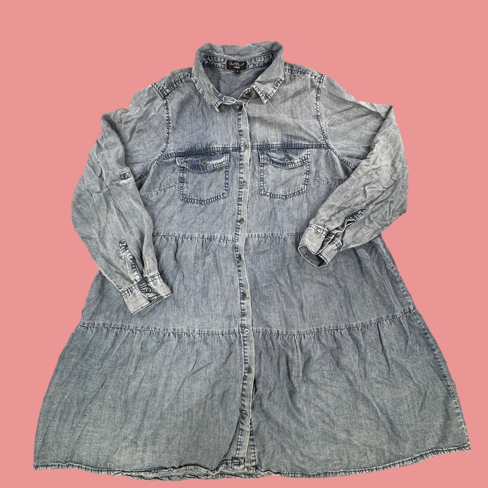 Velvet Heart Los Angeles Tencel Tiered Shirt Dress Light Wash Blue 1X GLW-5079ZX
